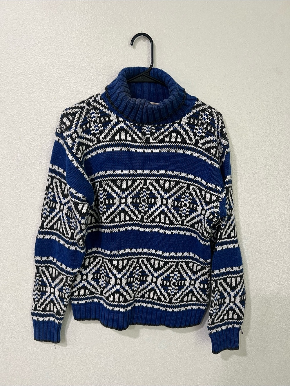 Roo Crossing Blue and White Turtleneck Nordic Pattern Sweater